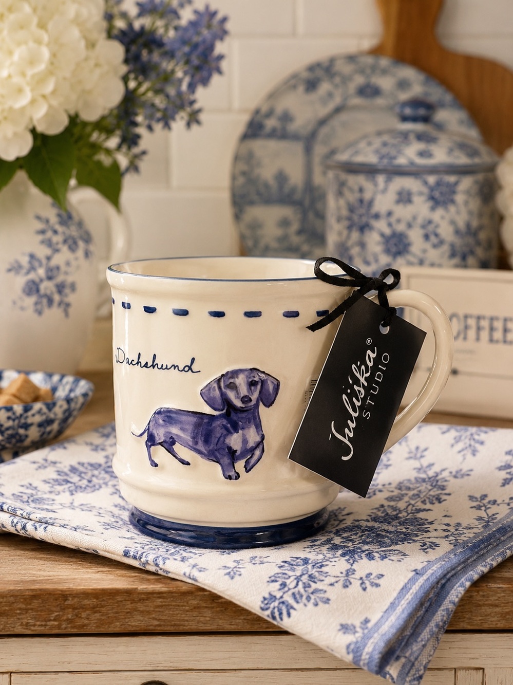 Dwell Studio Dachshund Ceramic Coffee Mug Dog Lover Doxie Blue Toile de Jouy